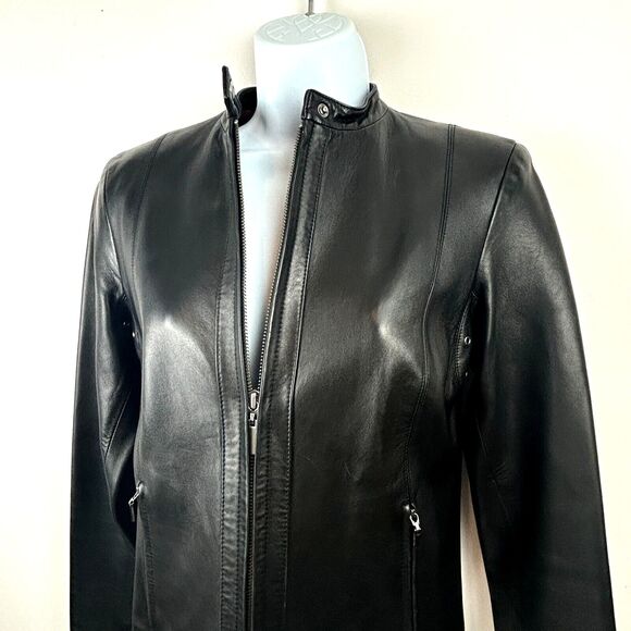 Cole Haan Women's Lambskin Leather Moto Biker Jacket Black Size XS - Picture 3 of 16